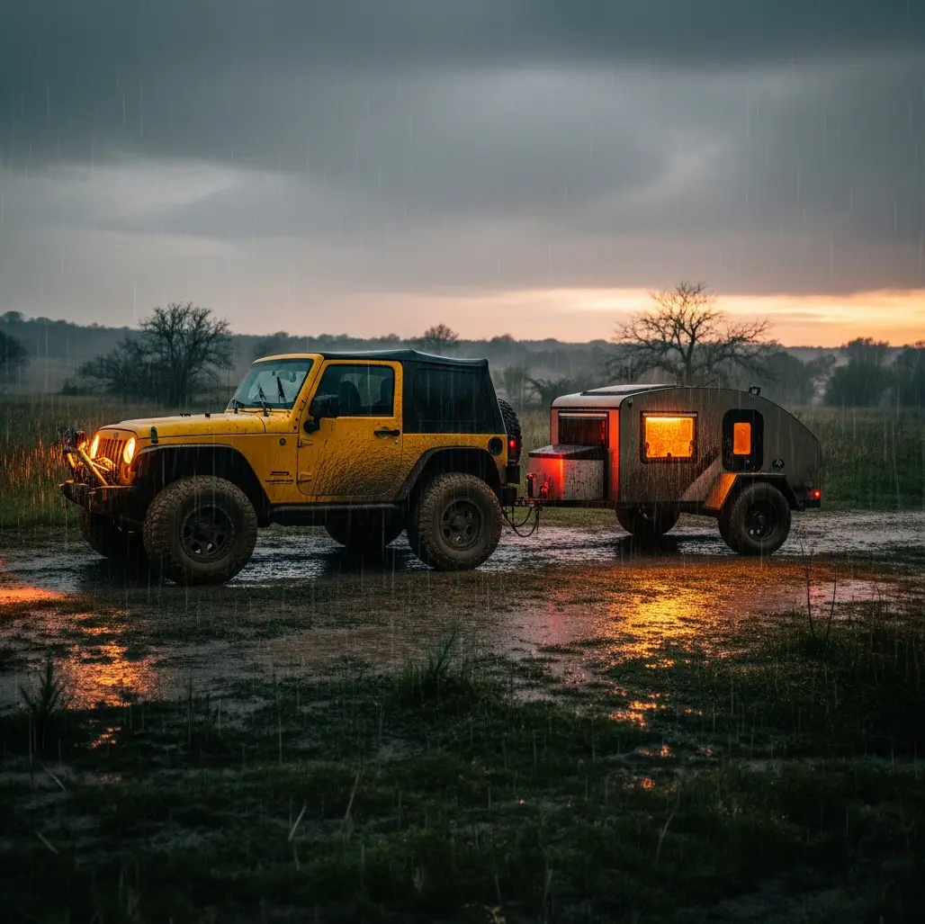 Thomas's yellow Jeep in the Rocky Mountains